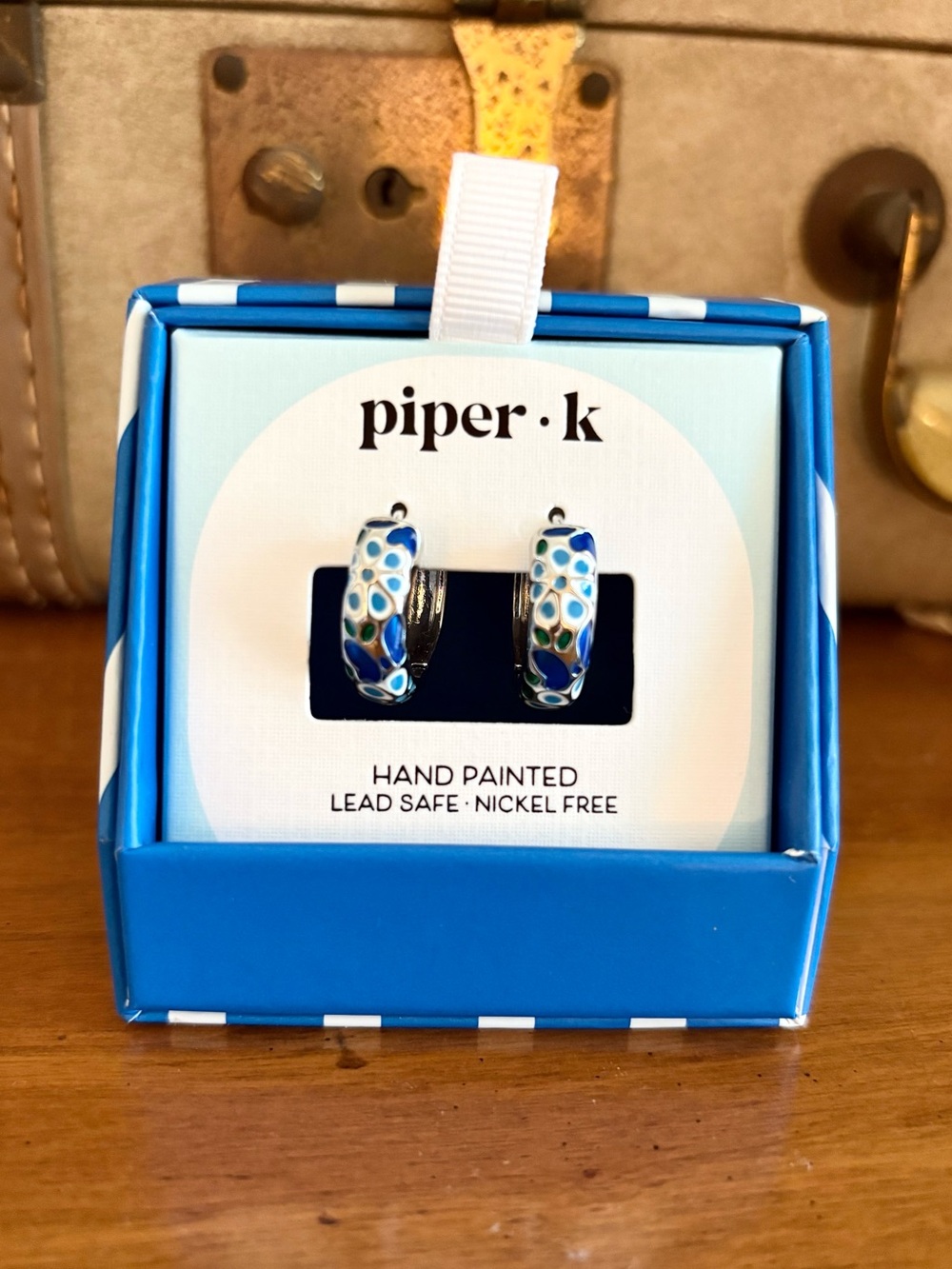 Piper K hand painted blue & white floral enamel hoop earrings NEW in box